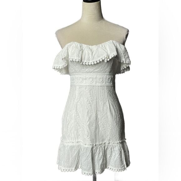 Lena White Lace Ruffles Strapless Mini Dress w/Lace Up Back (Size: Small) - Picture 1 of 16